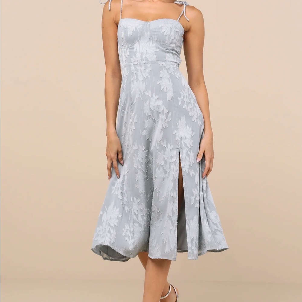 Loveliest Looks Dusty Blue Floral Jacquard Tie-Strap Midi Dress